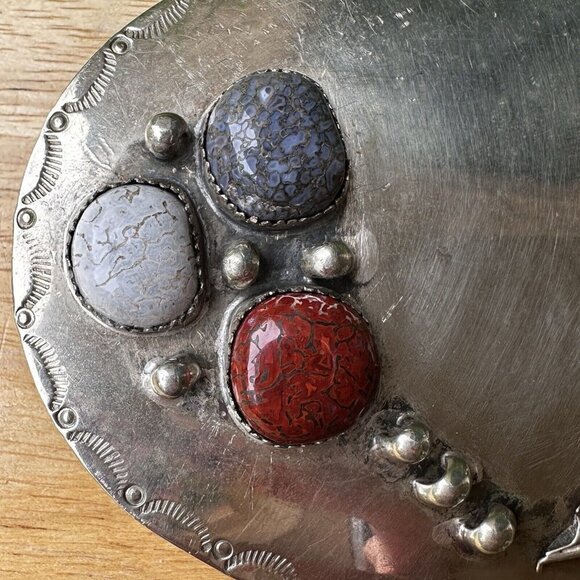 Southwest Belt Buckle 4" x 3" Red White Blue Fossil Dino Bone Sterling 75.0g - Picture 4 of 8